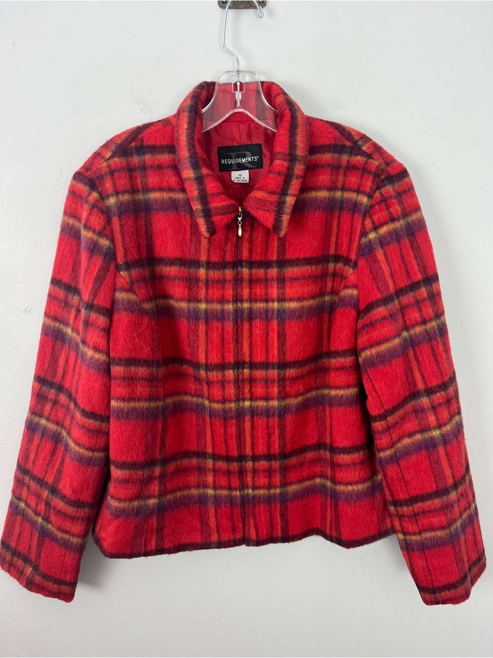 Vintage Red Plaid Wool Mohair Blend Zip Front Coat Blazer